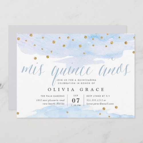 Blue  Gold Confetti Pop  Watercolor Quinceanera Invitation