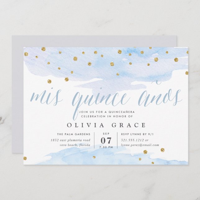 Blue & Gold Confetti Pop | Watercolor Quinceanera Invitation (Front/Back)
