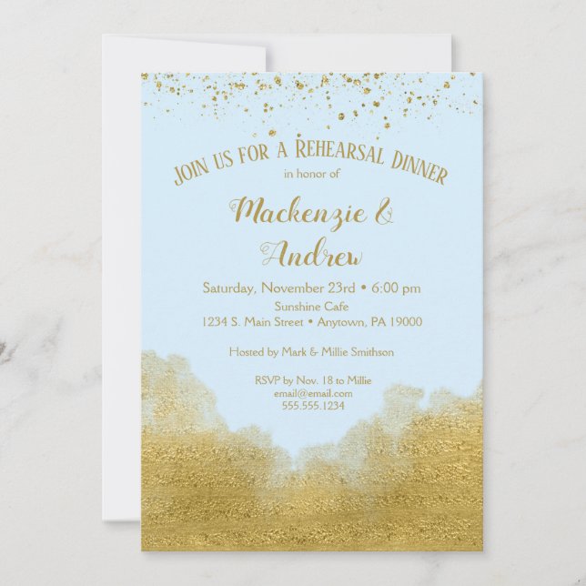 Blue Gold Confetti Rehearsal Dinner Invitation (Front)