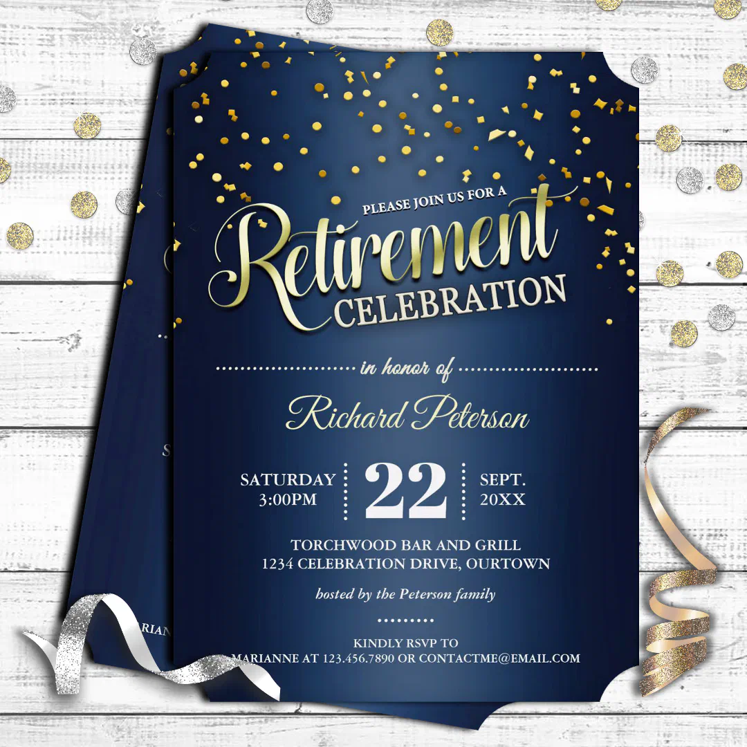 Blue|Gold Confetti Retirement Party Invitations (Creator Uploaded)