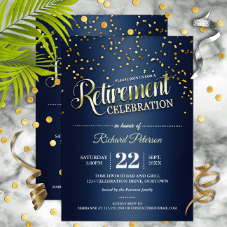 Blue|Gold Confetti Retirement Party Invitations