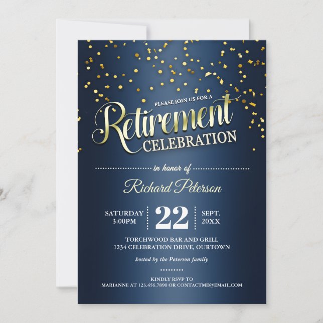 Blue|Gold Confetti Retirement Party Invitations (Front)