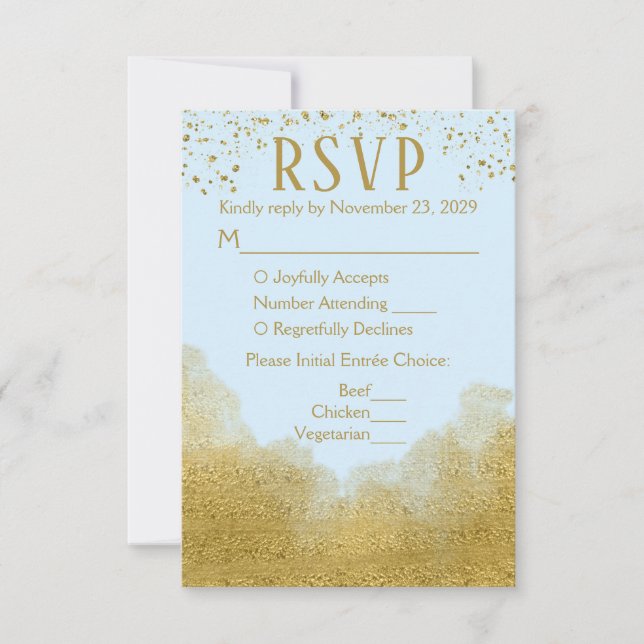 Blue Gold Confetti RSVP Wedding Response Meal Menu (Front)