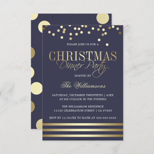 Blue Gold Confetti Stripe Christmas Dinner Party Invitation - Blue Gold Confetti Stripe Christmas Dinner Party by Eugene Designs. Send these modern blue and golden invitations and make a real impression for that Christmas Dinner Party!