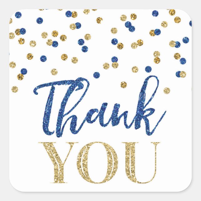 Blue Gold Confetti Thank You Favor Sticker (Front)
