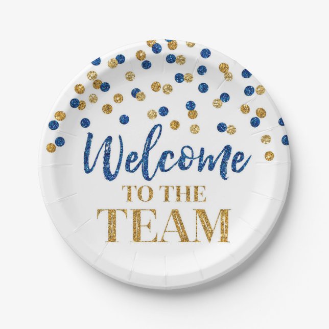 Blue Gold Confetti Welcome to the Team  Paper Plates (Front)