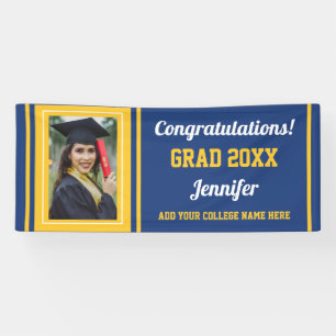 Blue Gold Congrats Grad Custom Photo Graduation Banner