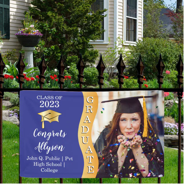 Blue | Gold Congrats Graduate Wave Photo Banner | Zazzle