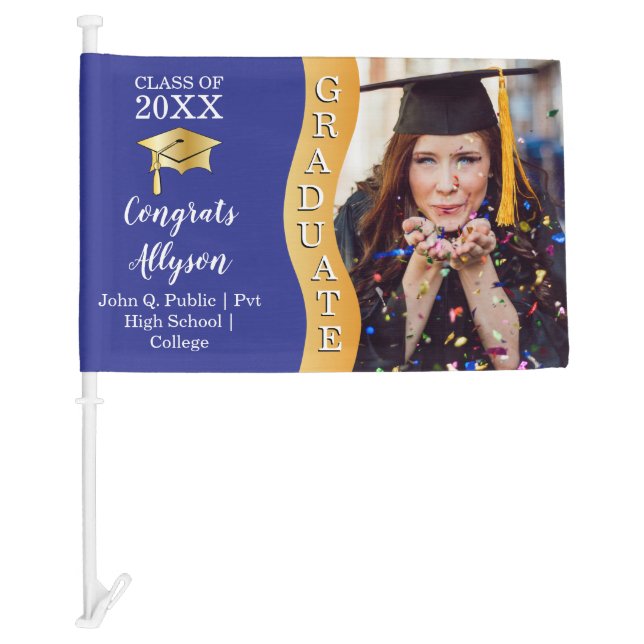 Blue | Gold Congrats Graduate Wave Photo Car Flag (Front)