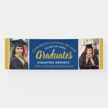 Blue Gold Congrats Graduates 2 Photo Graduation Banner by semas87 at Zazzle