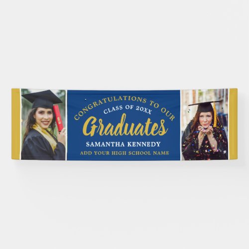 Blue Gold Congrats Graduates 2 Photo Graduation Banner