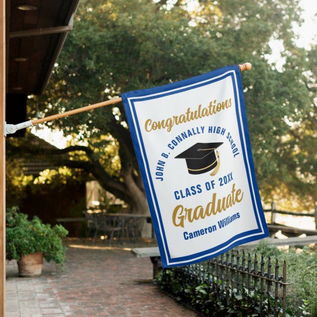 Blue Gold Congratulations Graduate Customizable House Flag (In SItu)