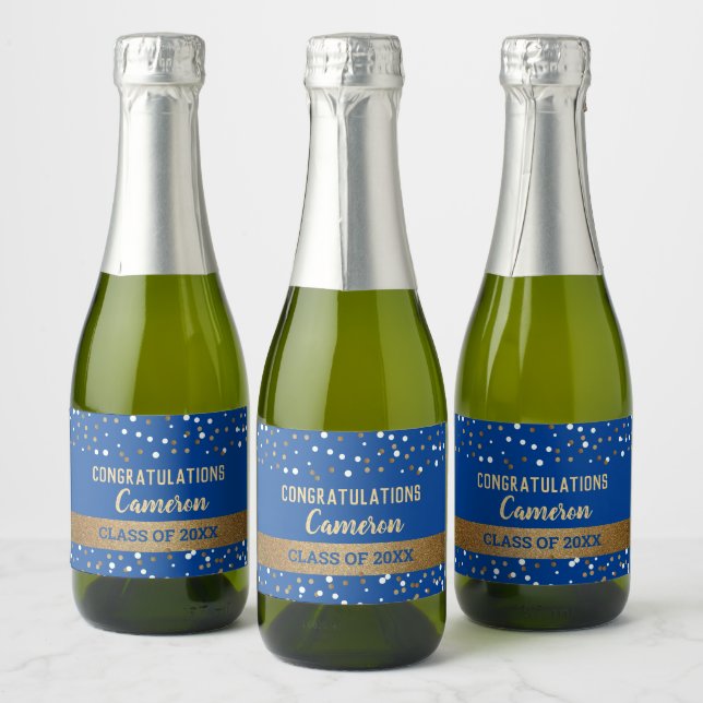Blue Gold Congratulations Graduate Name Year  Sparkling Wine Label (Bottles)