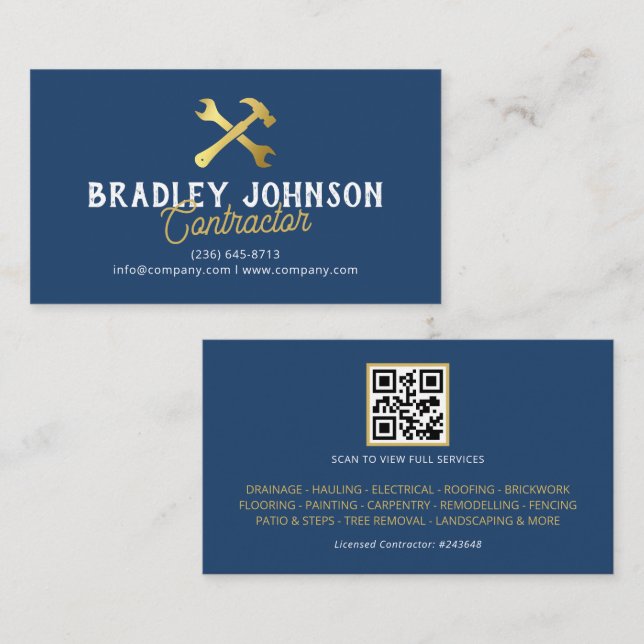 Blue Gold Construction Building QR Code Business Card (Front/Back)