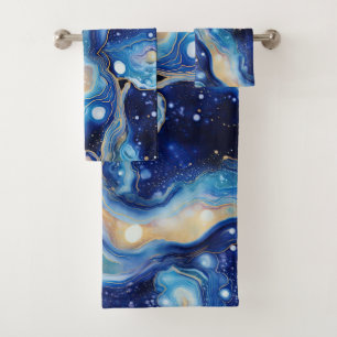 Blue Gold Cosmic Abstract with Swirling Nebula Bath Towel Set