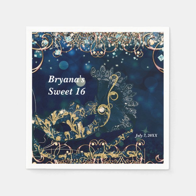 Blue & Gold Costume Masquerade Mask Birthday Party Napkins (Front)