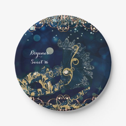 Blue  Gold Costume Masquerade Mask Birthday Party Paper Plates