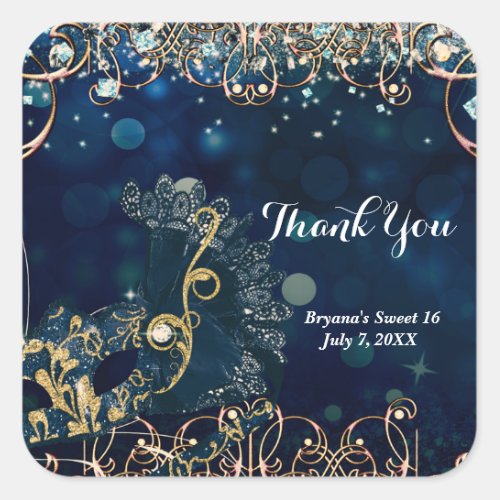 Blue  Gold Costume Masquerade Mask Birthday Party Square Sticker