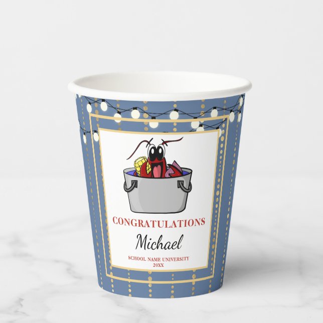 Blue Gold Crawfish Boil Graduation Party Paper Cups (Front)