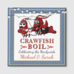 Blue Gold Crawfish Boil Newlywed or Engagement Magnet<br><div class="desc">This cute blue and gold bride and groom crawfish boil magnet is customizable to your special event. Featuring a teal background with gold pearls and crawfish, this design is perfect for your engagement or newlywed party. The word "crawfish" is also customizable to whatever "boil" you may be having, including seafood,...</div>