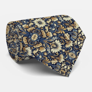 Blue, Gold, Cream & Black Floral Pattern  Neck Tie