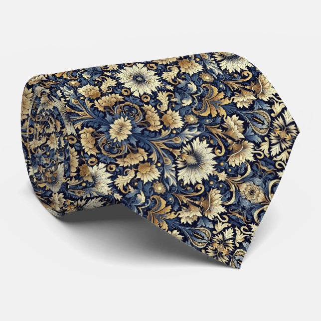Blue, Gold, Cream & Black Floral Pattern  Neck Tie (Rolled)