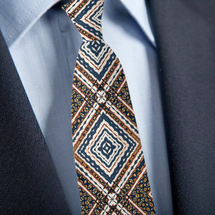Blue Gold Cream Rust Diamond Pattern Neck Tie