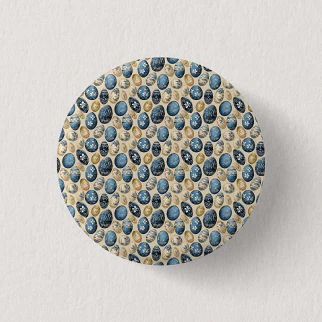 Blue, Gold & Cream Vintage Egg Pattern Button (Front)