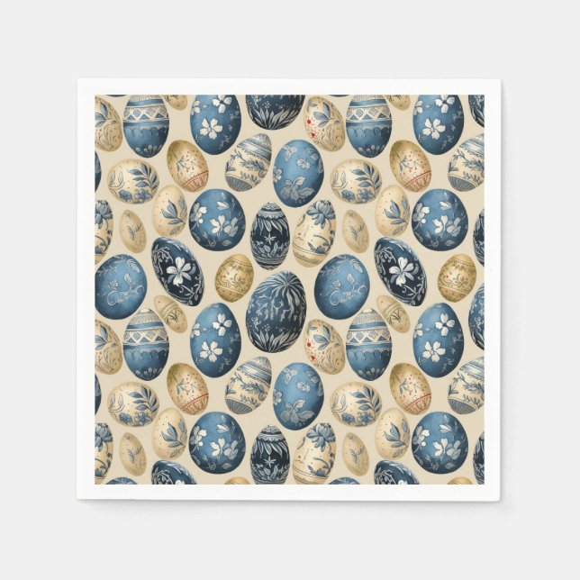 Blue, Gold & Cream Vintage Egg Pattern Napkins (Front)