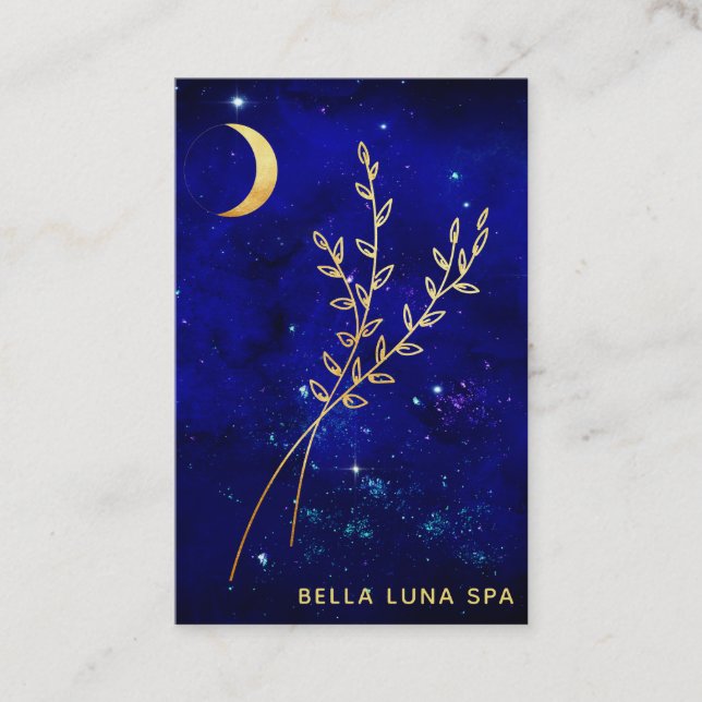 *~*  Blue Gold Crescent Moon  Branch Leaves Business Card (Front)