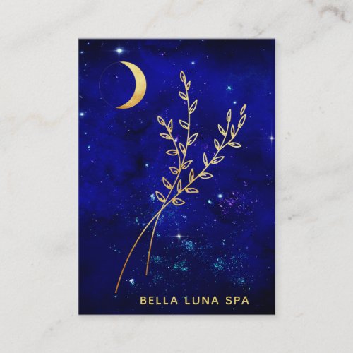   Blue Gold Crescent Moon  Branches Leaves Business Card