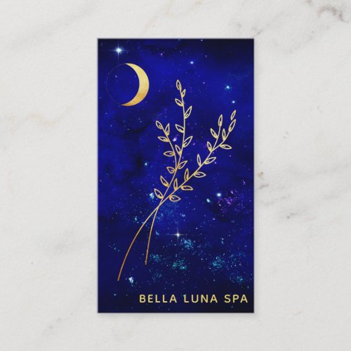   Blue Gold Crescent Moon  Foliage Leaves Business Card