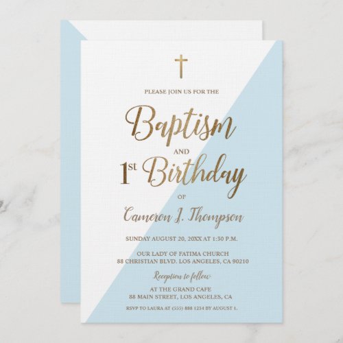 Blue Gold Cross Baptism 1st Birthday Invitation