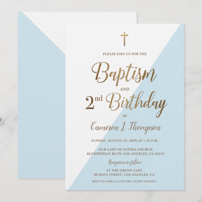 Blue Gold Cross Baptism 2nd Birthday Invitation (Front/Back)