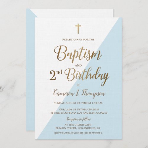 Blue Gold Cross Baptism 2nd Birthday Invitation