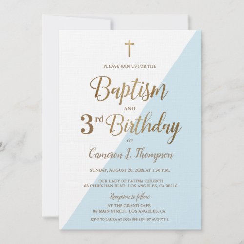 Blue Gold Cross Baptism 3rd Birthday Invitation