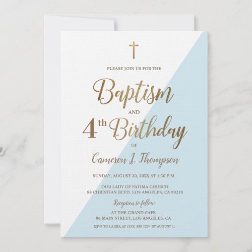 Blue Gold Cross Baptism 4th Birthday Invitation