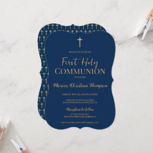Blue Gold Cross Boy Elegant First holy communion Invitation