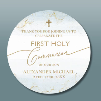 Blue Gold Cross Boy First Holy Communion Classic Round Sticker