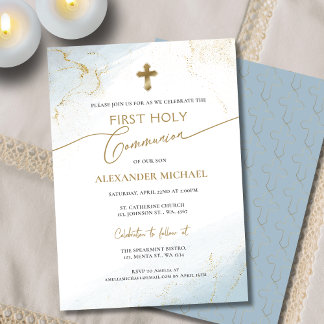 Blue Gold Cross Boy First Holy Communion Invitation