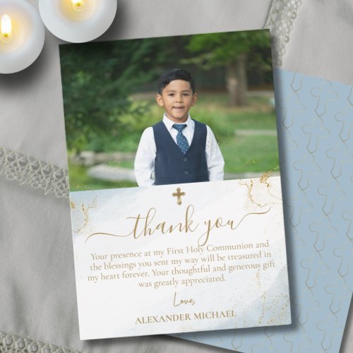 Blue Gold Cross Boy First Holy Communion Photo Thank You Card