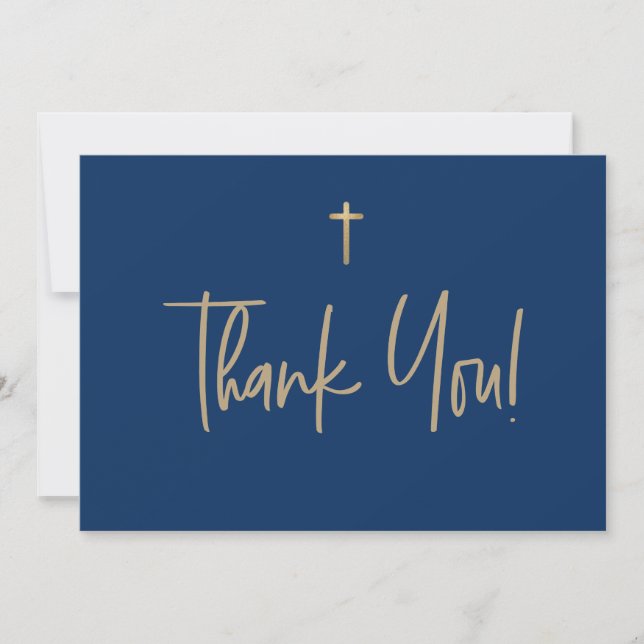 Blue Gold Cross Boy name First communion Thank You Card (Front)