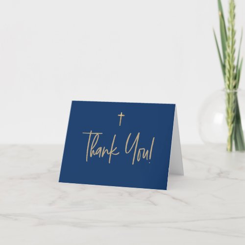 Blue Gold Cross Boy name First communion Thank You Card