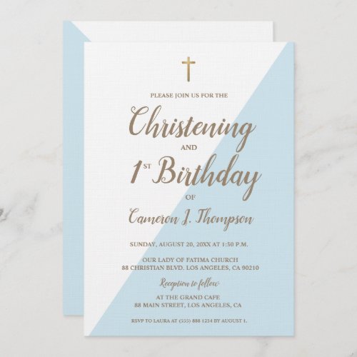 Blue Gold Cross Christening 1st Birthday Combined  Invitation