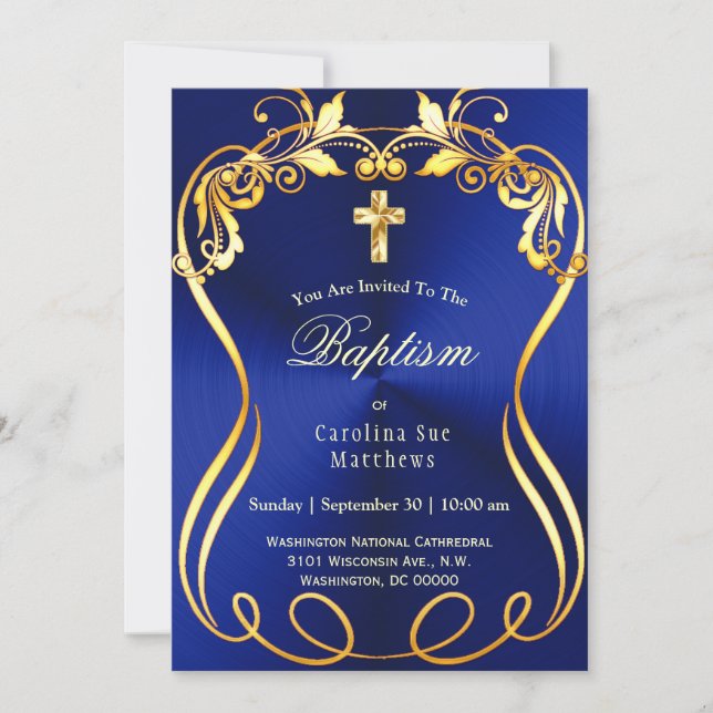 Blue Gold Cross Elegant Baptism Invitation (Front)