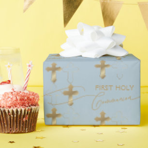 Blue Gold Cross First Holy Communion Wrapping Paper