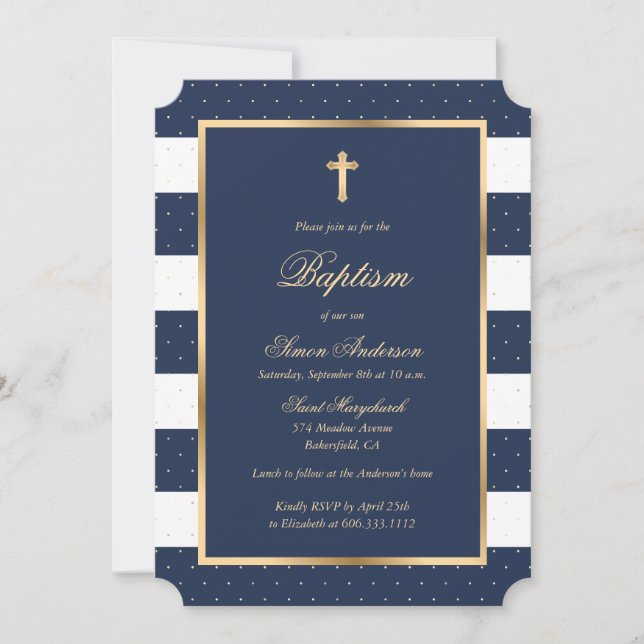 Blue Gold Cross Frame Elegant Boy Baptism Invitation (Front)