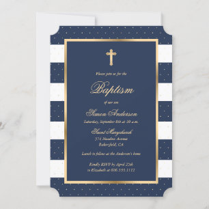 Blue Gold Cross Frame Elegant Boy Baptism Invitation
