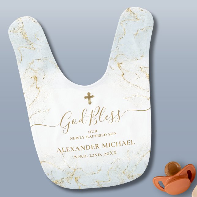 Blue Gold Cross  God Bless Name Boy Baptism Baby Bib (Creator Uploaded)