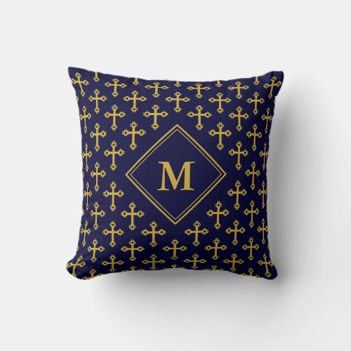Blue Gold CROSS Monogram Throw Pillow
